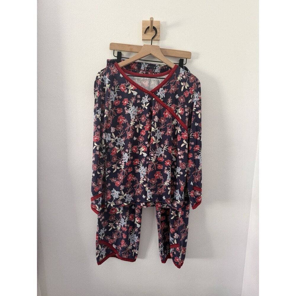 Garnet Hill Organic Cotton Heritage Flannel Pajama Set Sz Lg Floral Asian Wrap